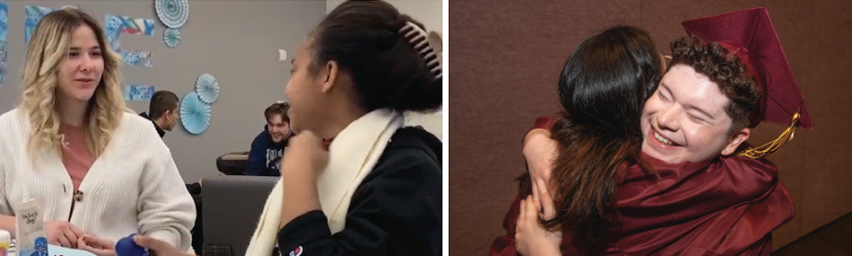 two students talking in Village Center, two grads hugging